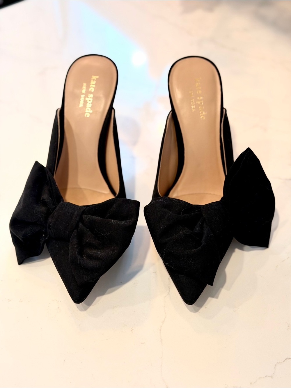kate spade Black Pointed-Toe Bow Slip-On Mules